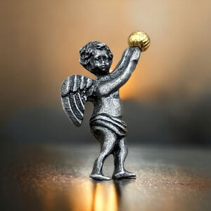 Vintage CAMCO Hat Lapel Pin Angel Cherub Holding Volleyball Pewter Gold Tone